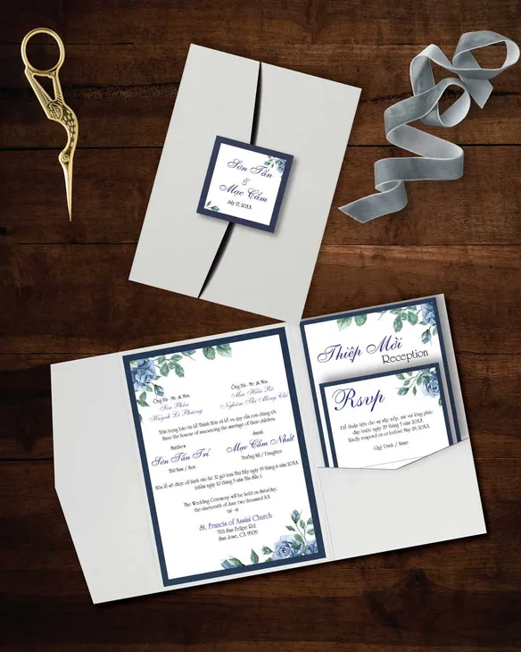Magnificent Blue Flowers A7 Himalaya Pocket Vietnamese & English Wedding Invitation