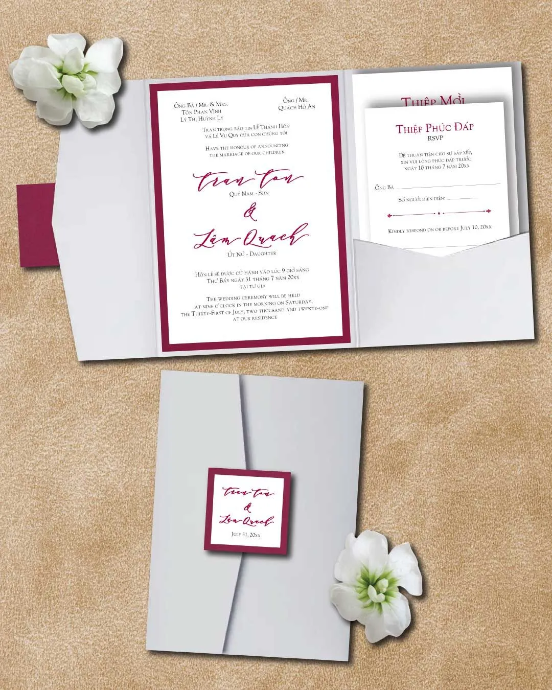 Minimalist Red Letters A7 Himalaya Pocket Vietnamese & English Wedding Invitation