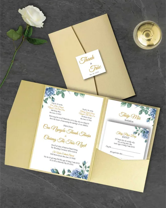 Golden Sublime Flowers A7 Himalaya Pocket Vietnamese & English Wedding Invitation