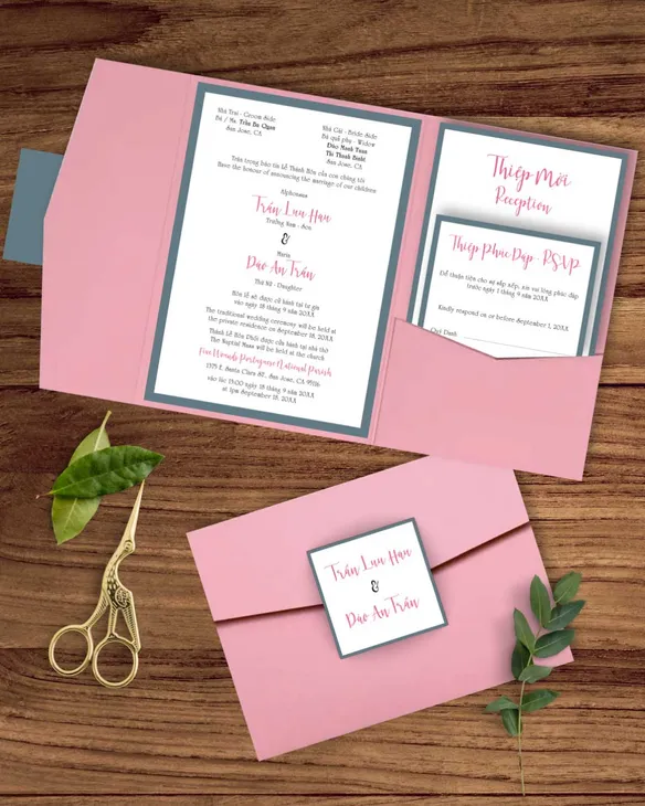 Pink Letters Blue A7 Himalaya Pocket Vietnamese & English Wedding Invitation
