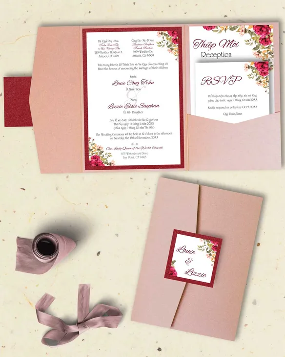 Opaque Red Flowers A7 Himalaya Pocket Vietnamese & English Wedding Invitation