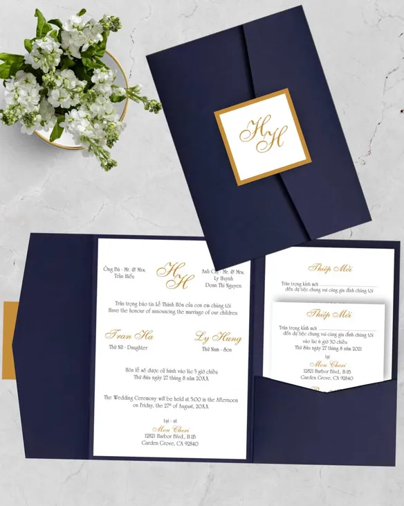Simple Gold Lettering A7 Himalaya Pocket Vietnamese & English Wedding Invitation