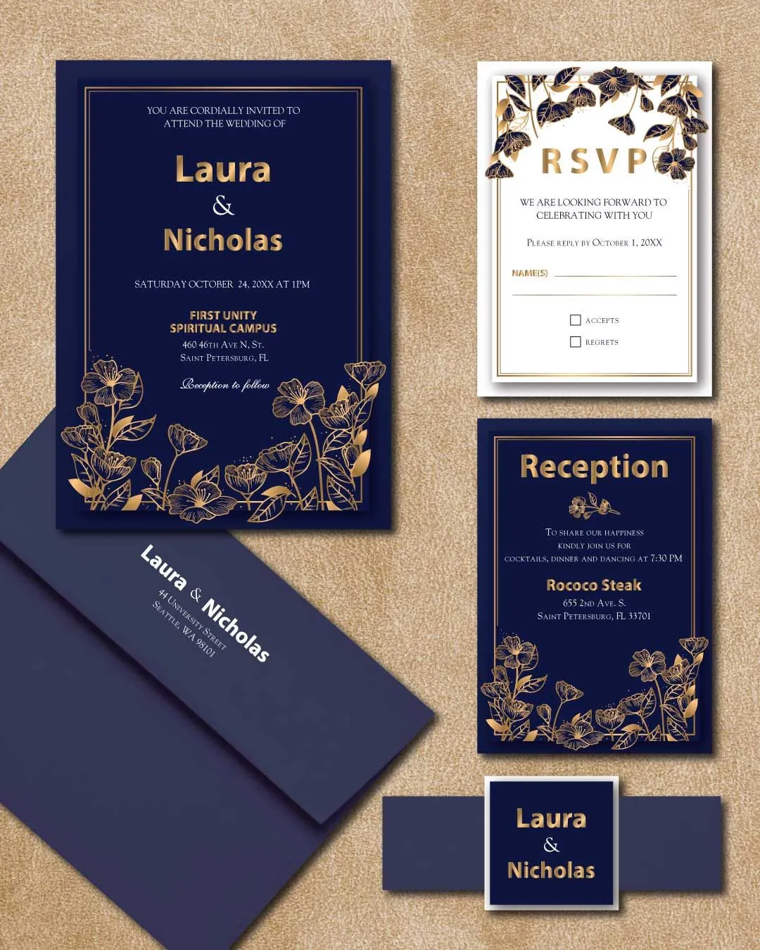 Vintage Golden Flowers Simple Flat 5x7 Wedding Invitation