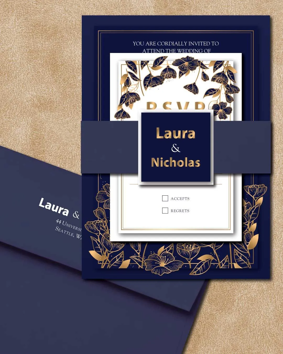 Vintage Golden Flowers Simple Flat 5x7 Wedding Invitation