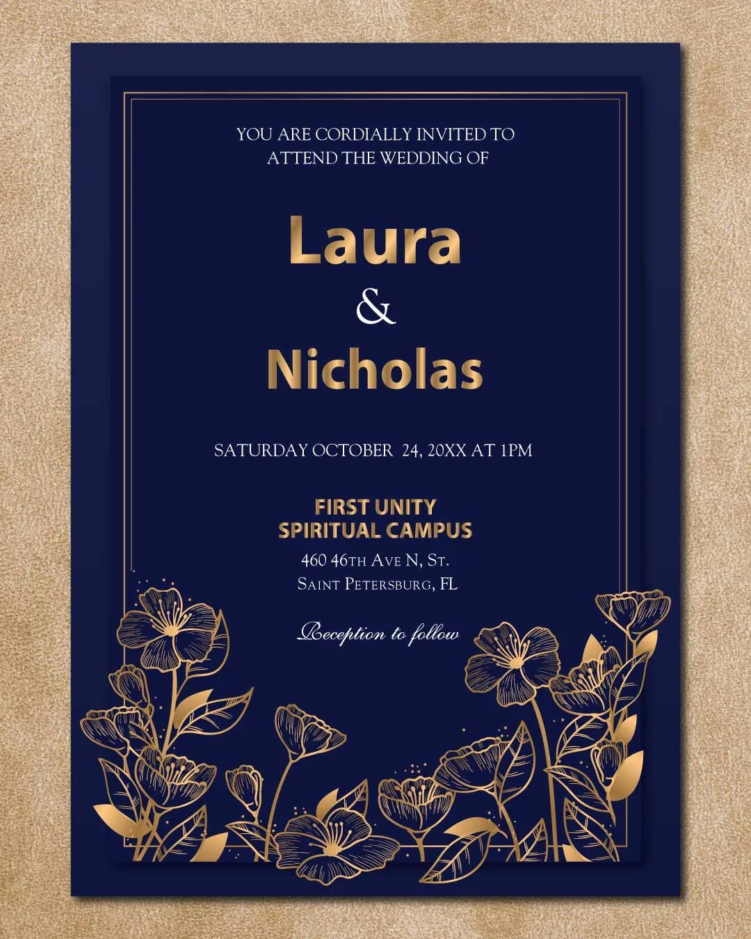 Vintage Golden Flowers Simple Flat 5x7 Wedding Invitation