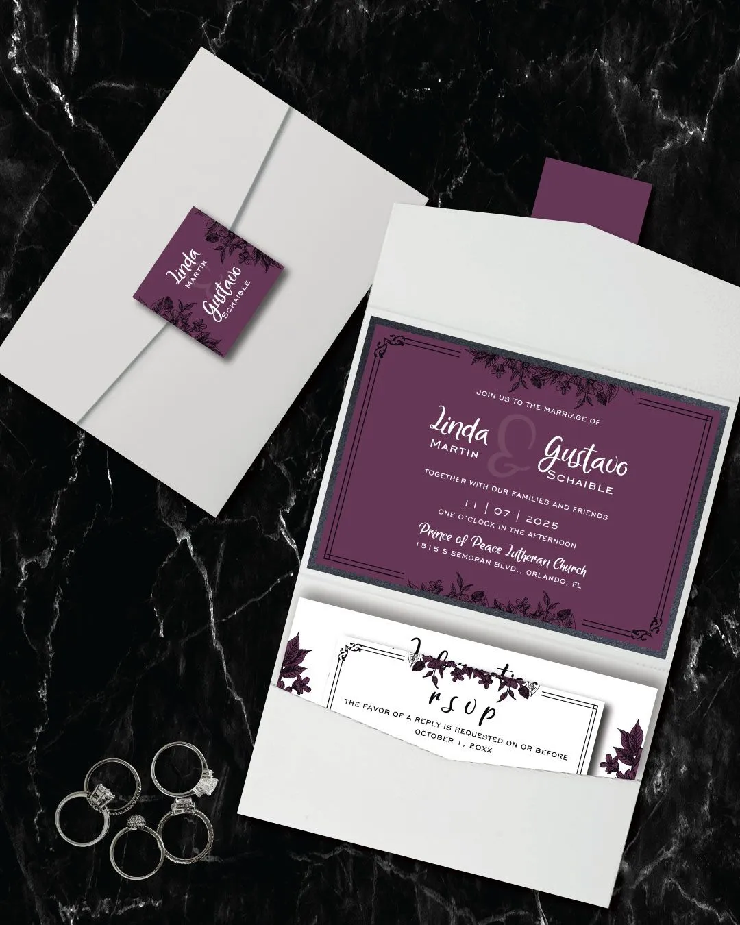 Gothic Themed Flowers A7 Atlas Pocket Wedding Invitation