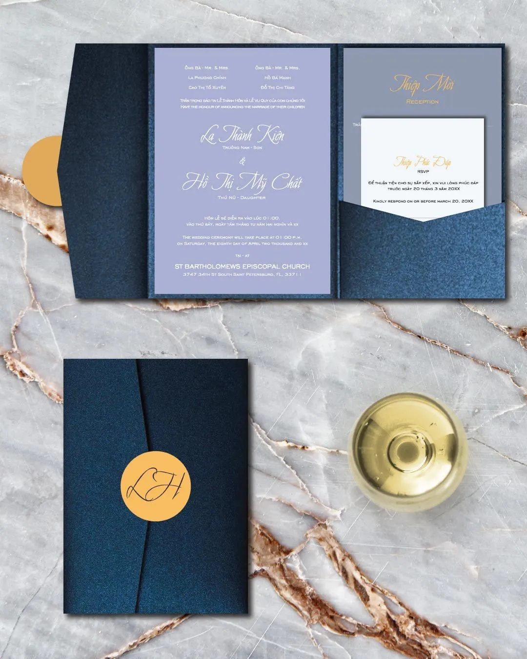 Solid Colors Gold A7.5 Himalaya Pocket Vietnamese & English Wedding Invitation
