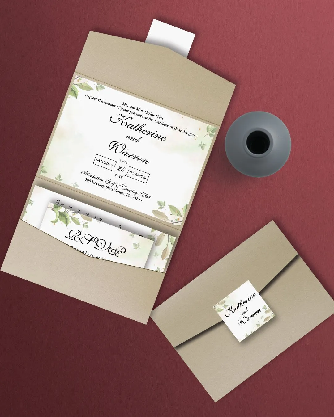 Hand Drawn Roses A7 Atlas Pocket Wedding Invitation