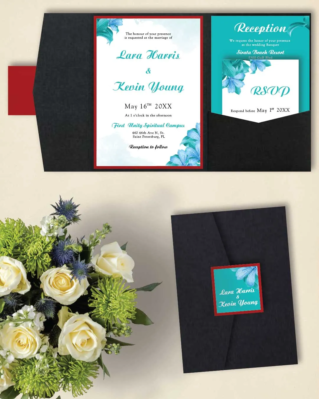 Blue Watercolor Flowers A7.5 Himalaya Pocket Wedding Invitation