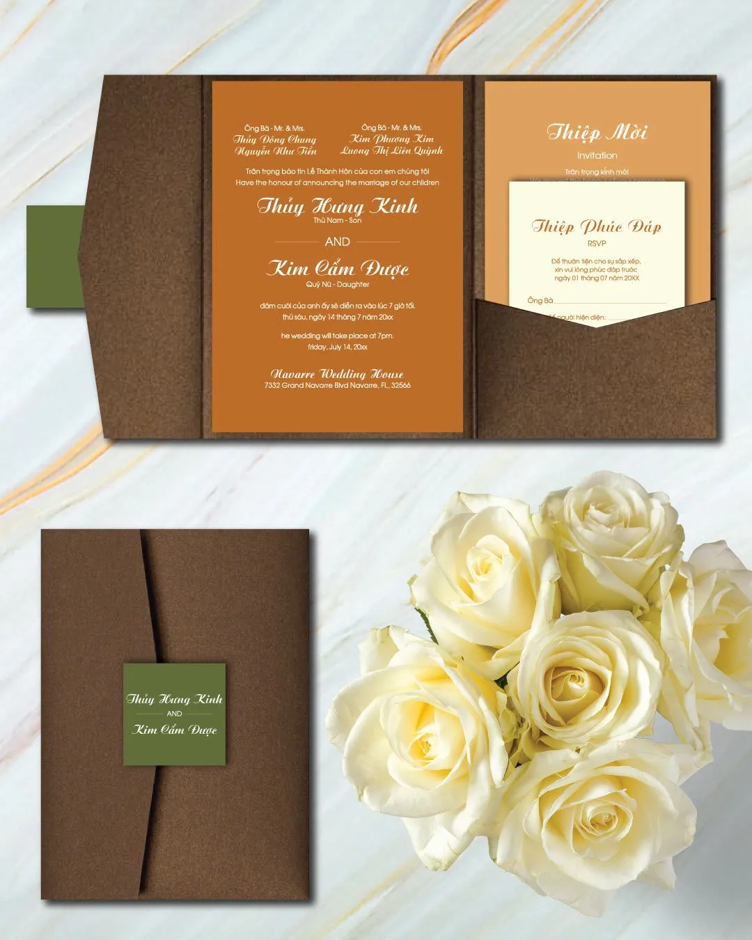 Arid Colors A7.5 Himalaya Pocket Vietnamese & English Wedding Invitation