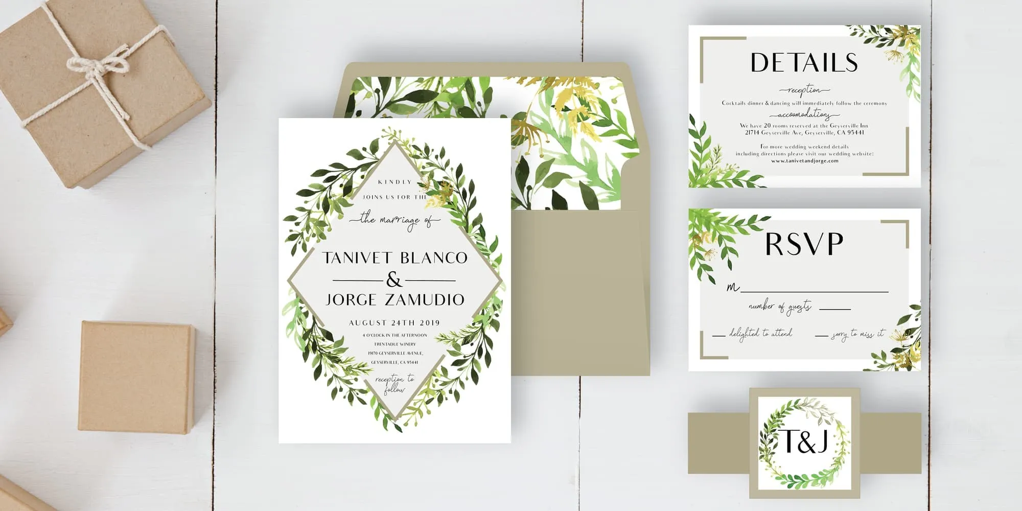 Green Leaves Diamond Elegant Wedding Invitations