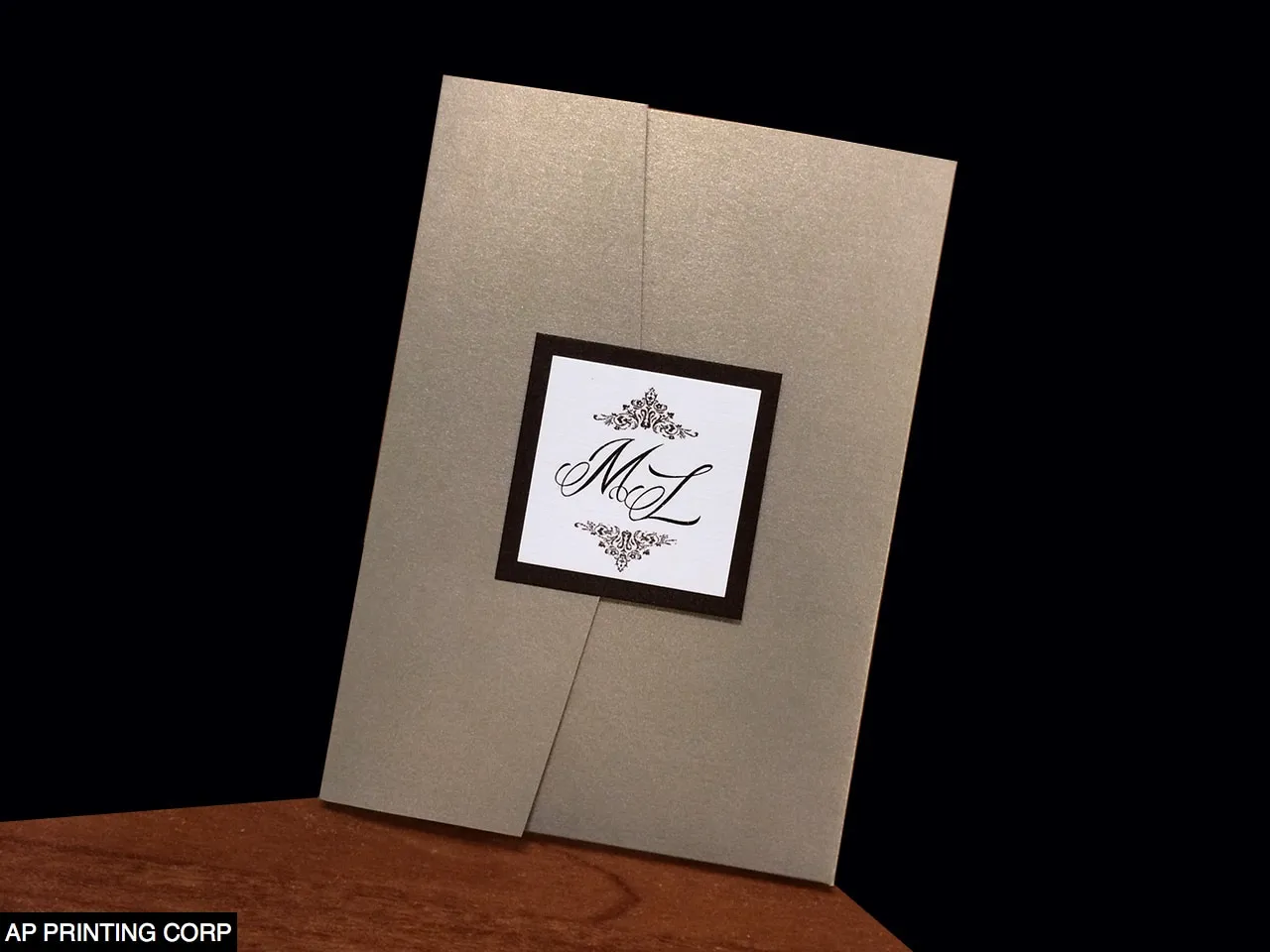 PAL-57-MMN Gold Leaf, Bronze, White Linen Pocket & Folder Invitation