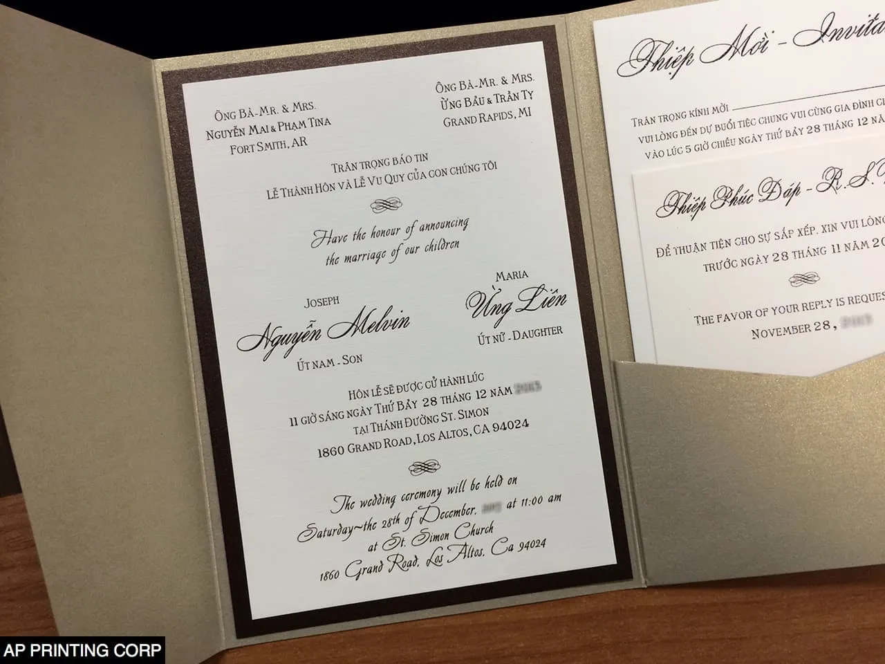 PAL-57-MMN Gold Leaf, Bronze, White Linen Pocket & Folder Invitation