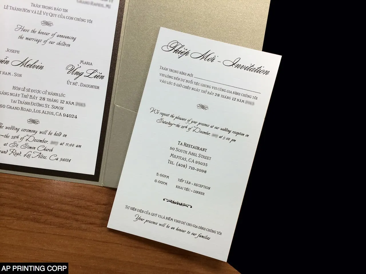 PAL-57-MMN Gold Leaf, Bronze, White Linen Pocket & Folder Invitation