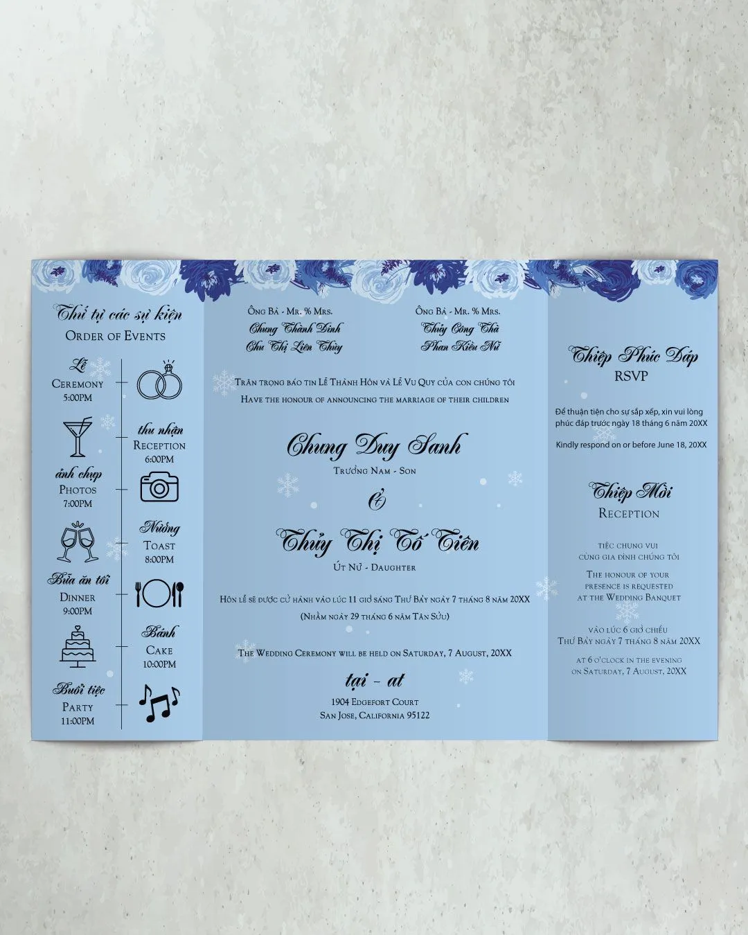 Roses in Different Blues Gate Fold 5x7 Gate Fold Vietnamese & English Wedding Invitation