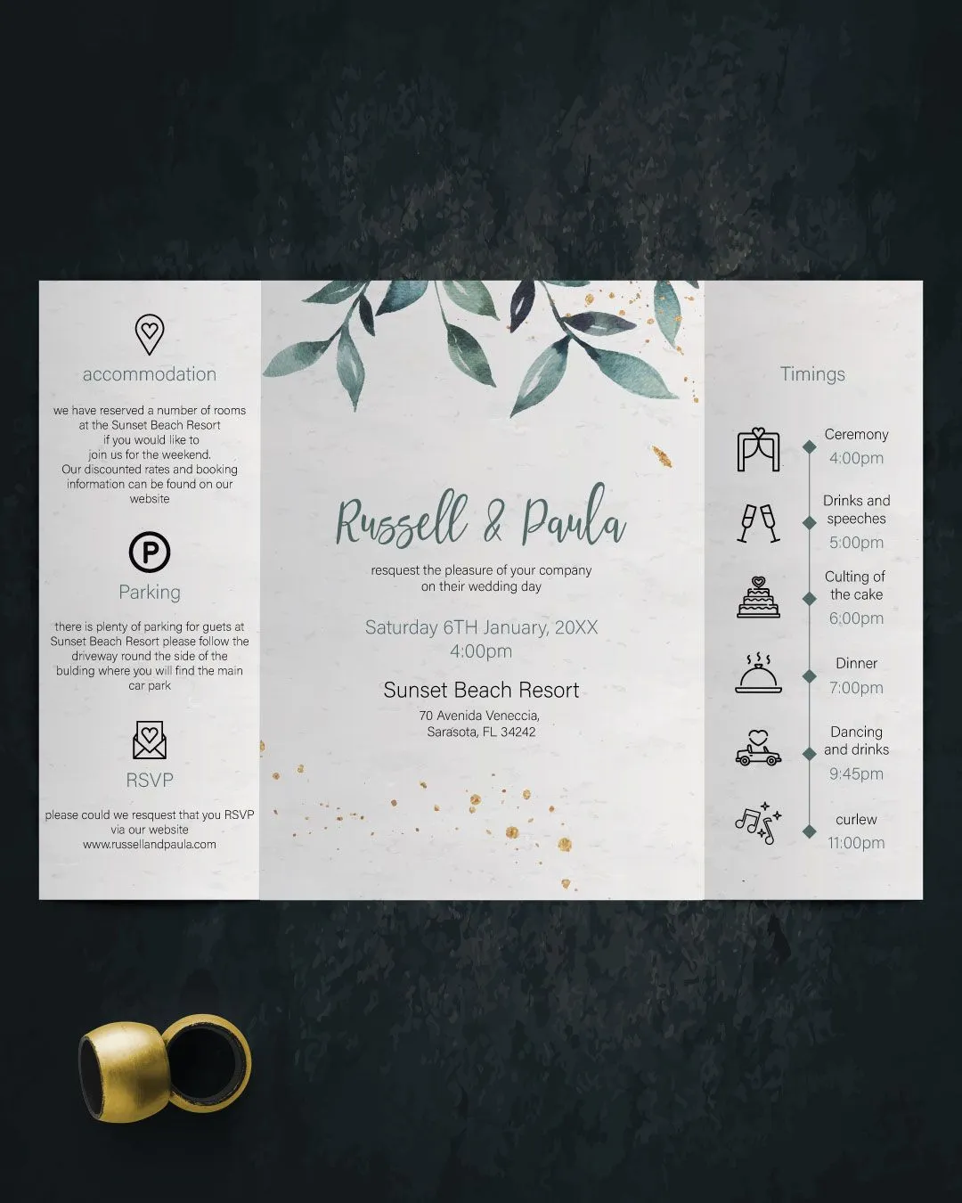 Small Golden Flowers 5x7 Gate Fold Wedding Invitation