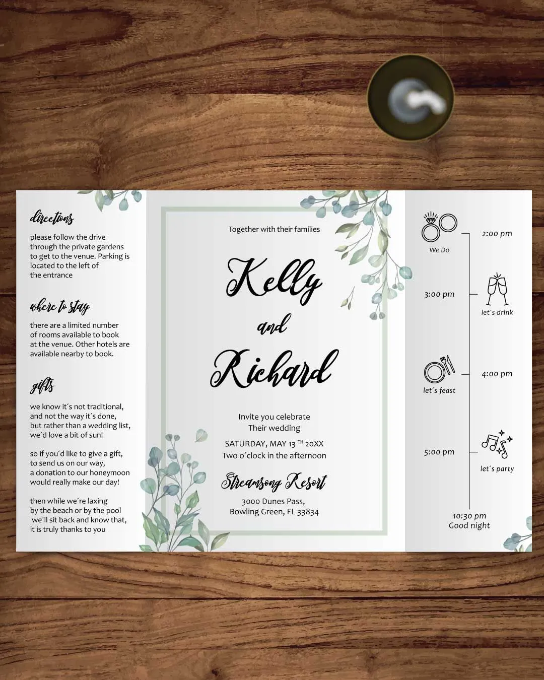 Turquoise Foliage 5x7 Gate Fold Wedding Invitation