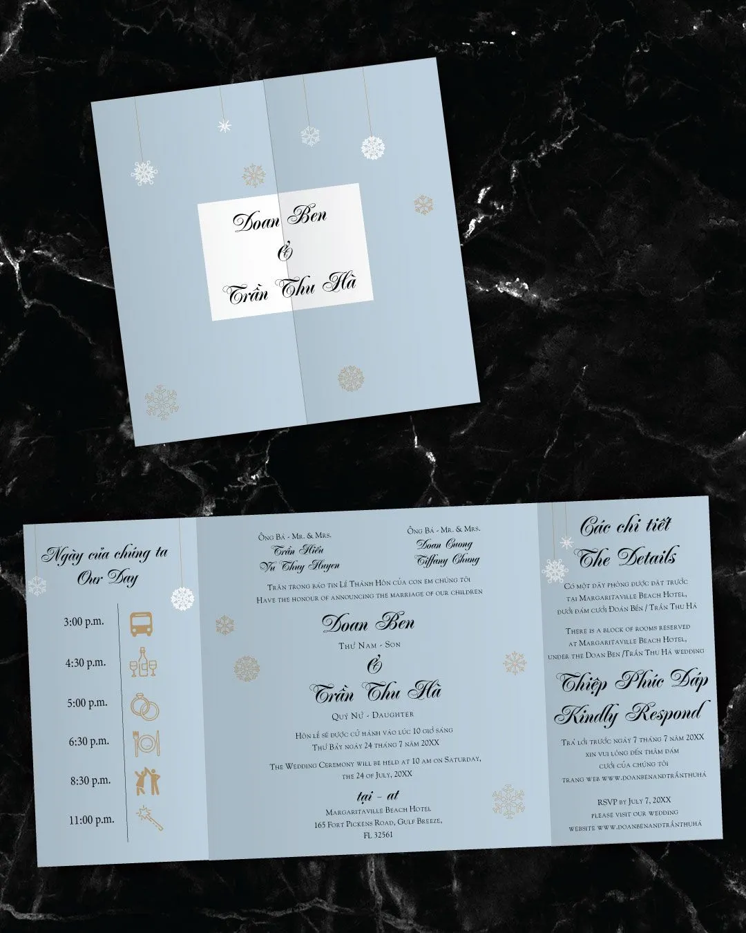 Hanging Snowflakes 7x7 Gate Fold Wedding Invitation