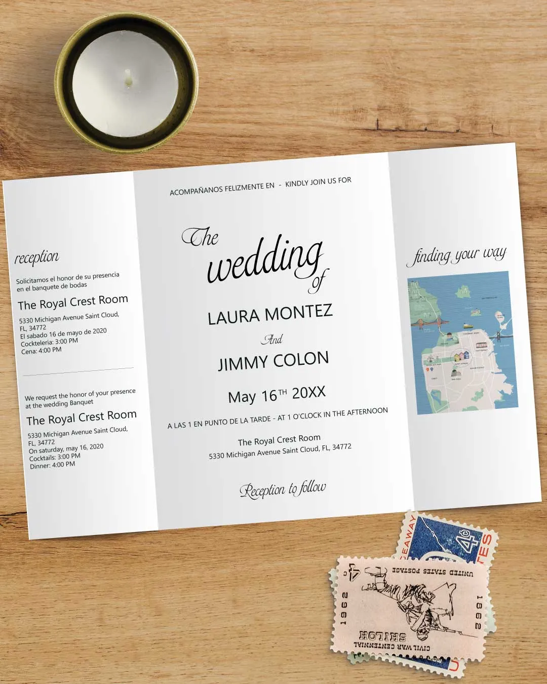 Elegant Couple's Photo 5x7 Gate Fold Spanish & English Wedding Invitation