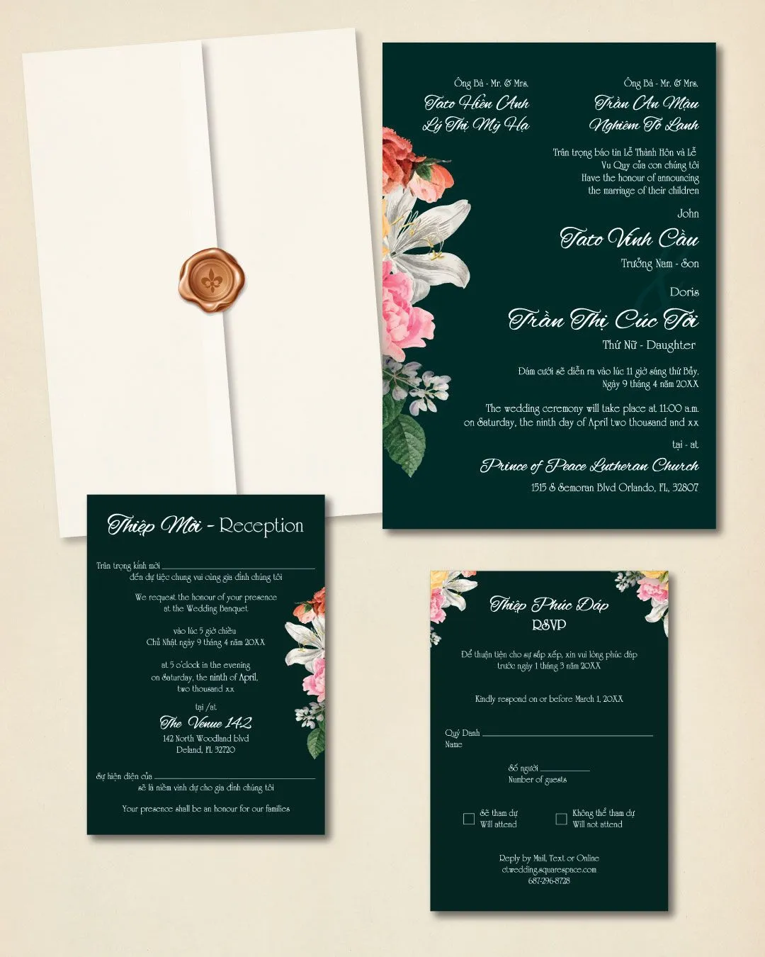 Floral Vintage Style Design Vellum Wrapped Vietnamese & English Wedding Invitation