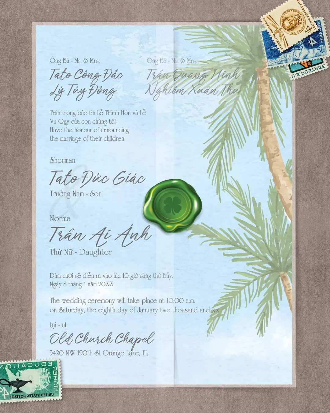 Watercolor Beach Design Vellum Wrapped Vietnamese & English Wedding Invitation