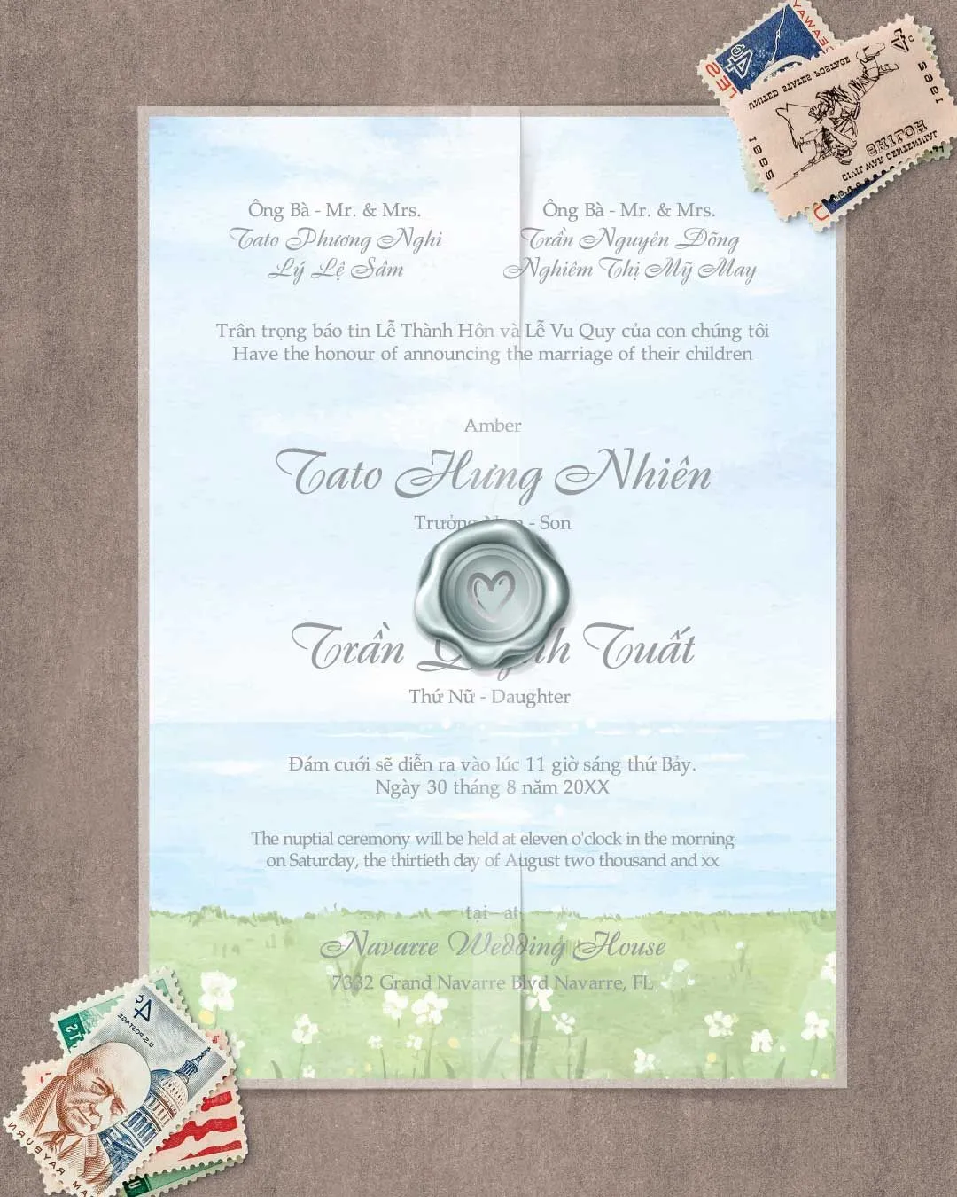 Ocean View Vellum Wrapped Vietnamese & English Wedding Invitation