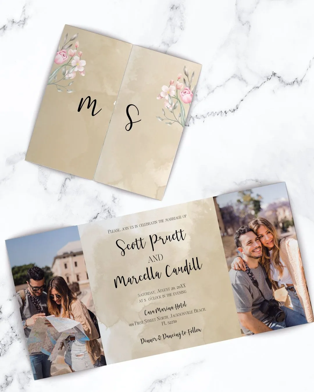 Delicate Pink Flowers 7x7 Gate Fold Wedding Invitation 1