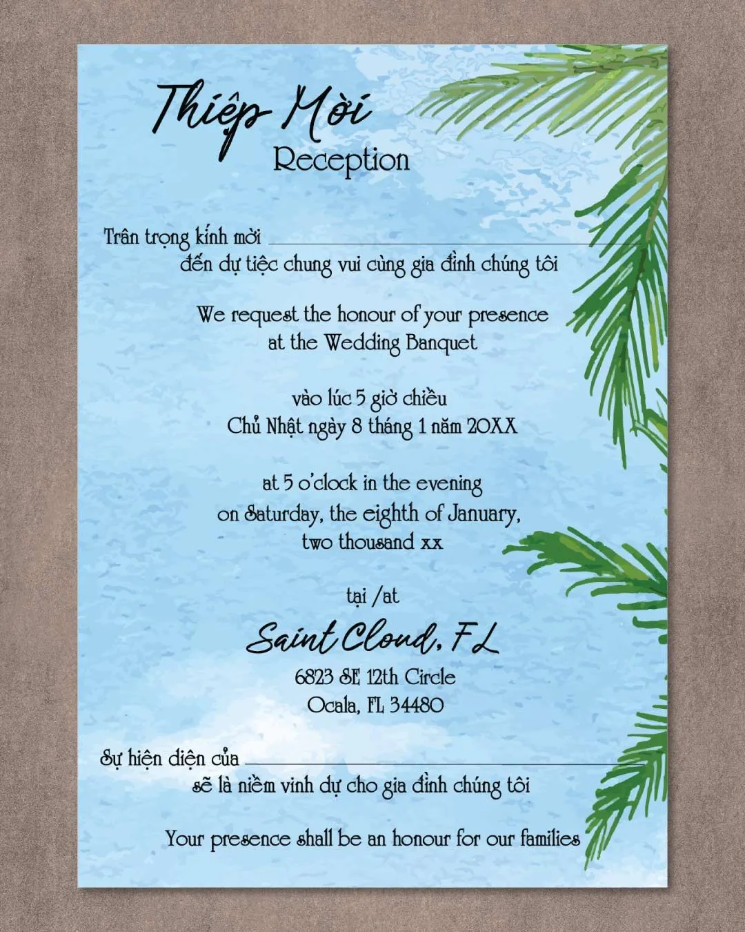 Watercolor Beach Design Vellum Wrapped Vietnamese & English Wedding Invitation