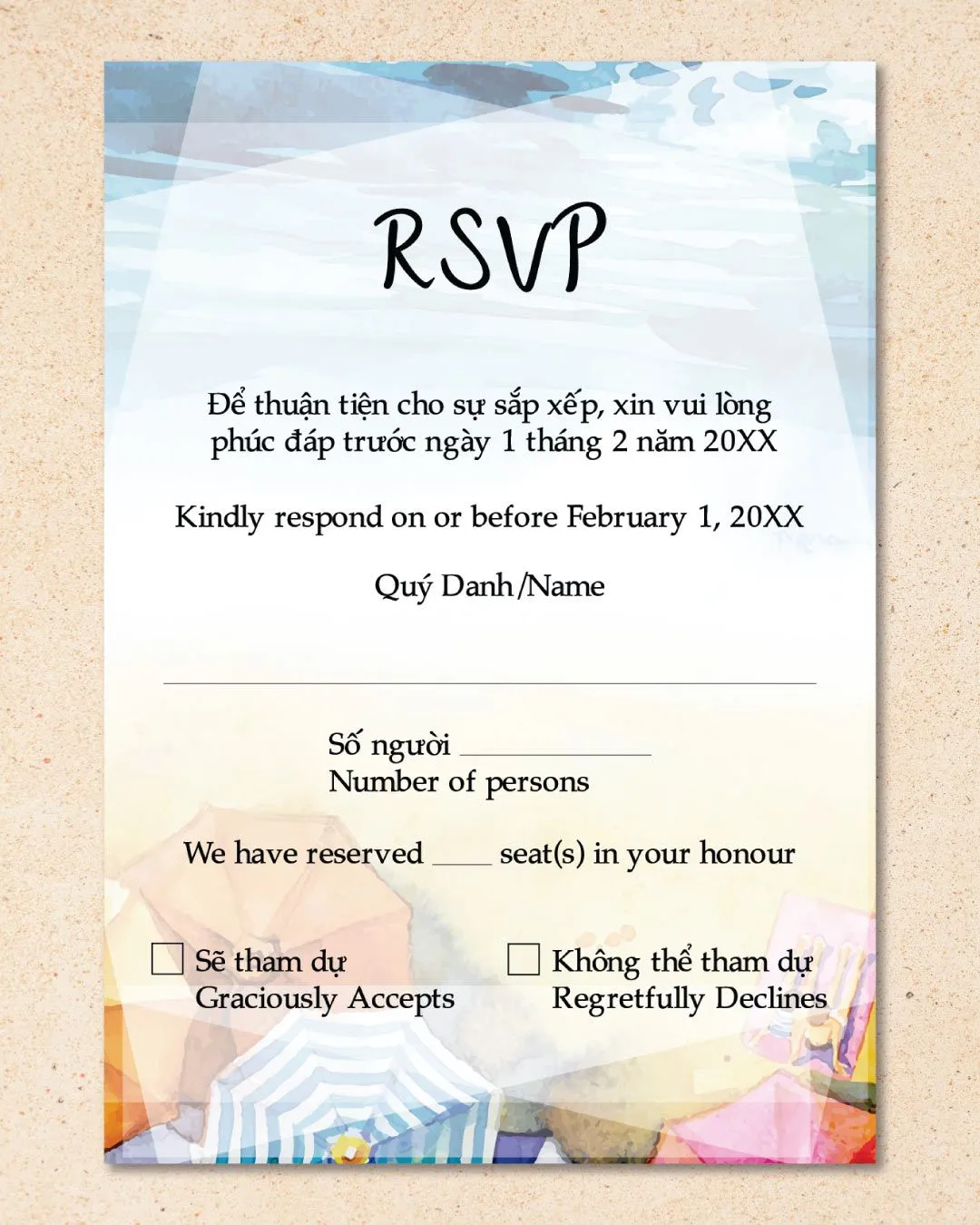 Summer Umbrellas Vellum Wrapped Vietnamese & English Wedding Invitation