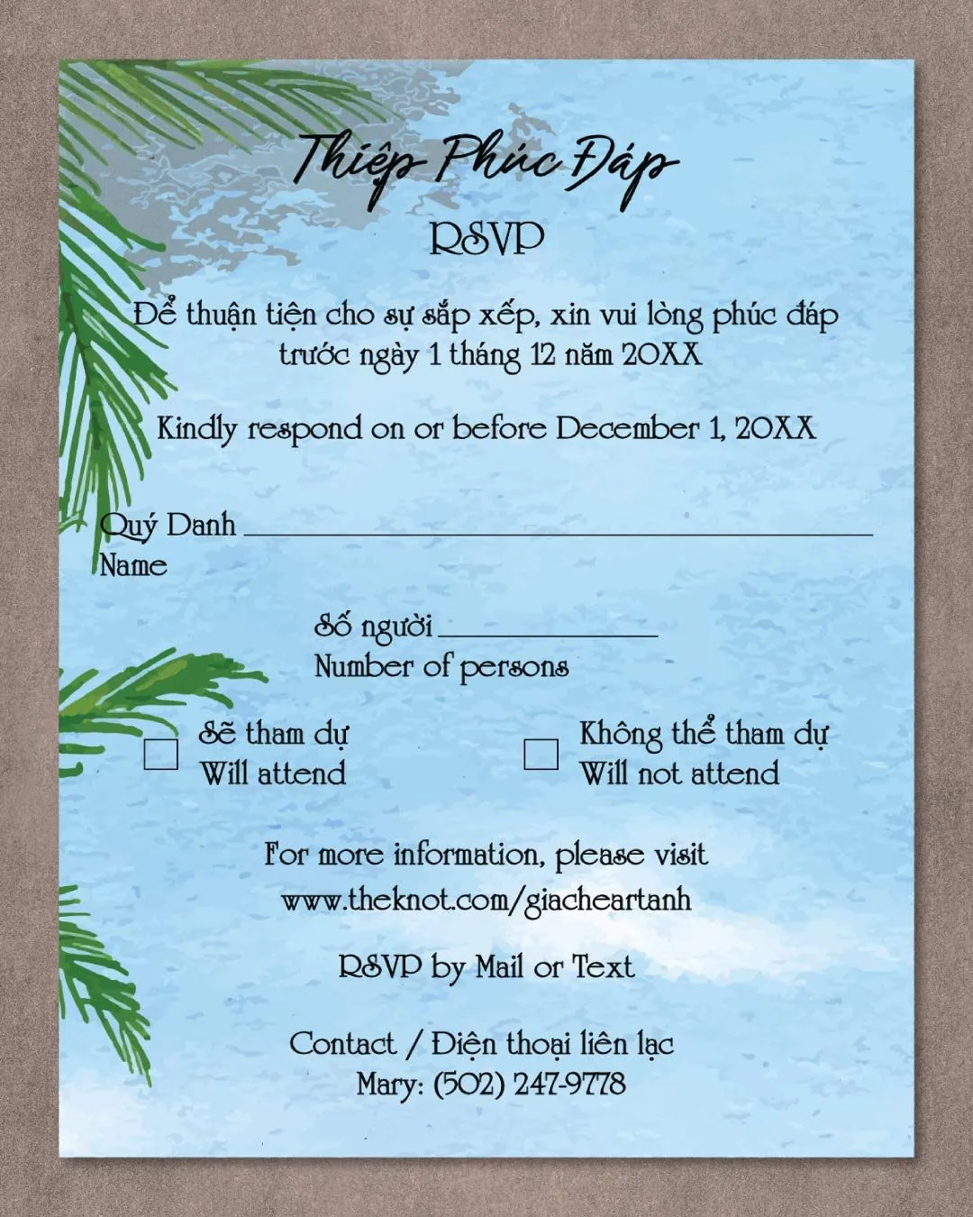 Watercolor Beach Design Vellum Wrapped Vietnamese & English Wedding Invitation