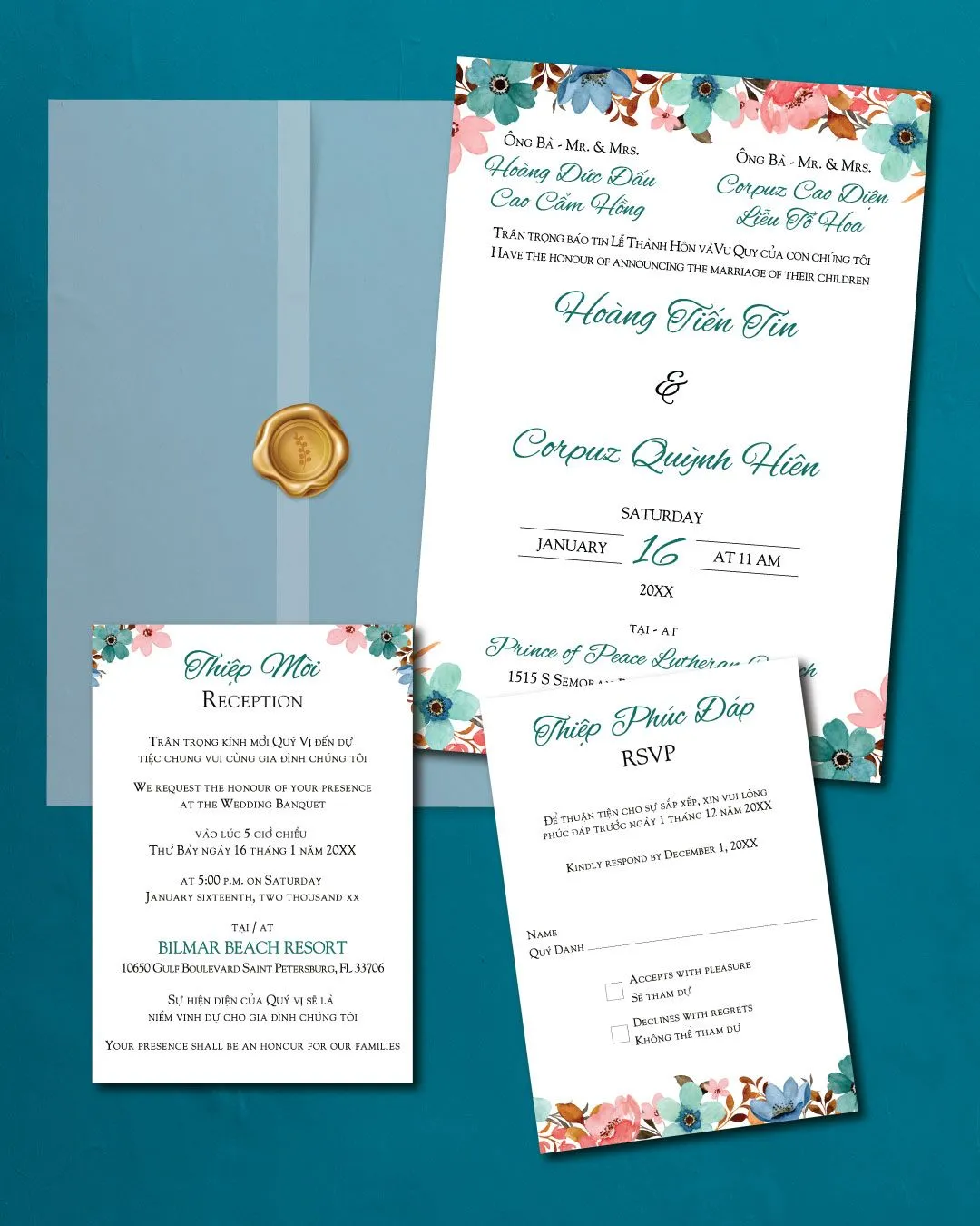 Colorful Floral Watercolor Vellum Wrapped Wedding Invitation