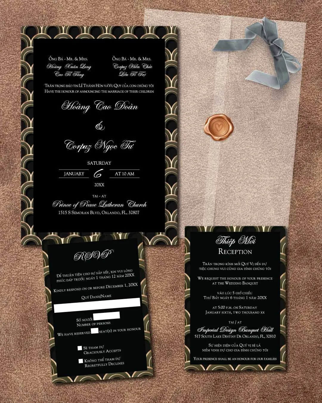 Golden Japanese Theme Vellum Wrapped Vietnamese & English Wedding Invitation