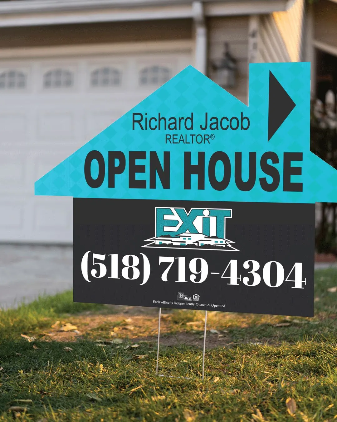 Exit Realty Turquoise and Black House Shape Sign 1