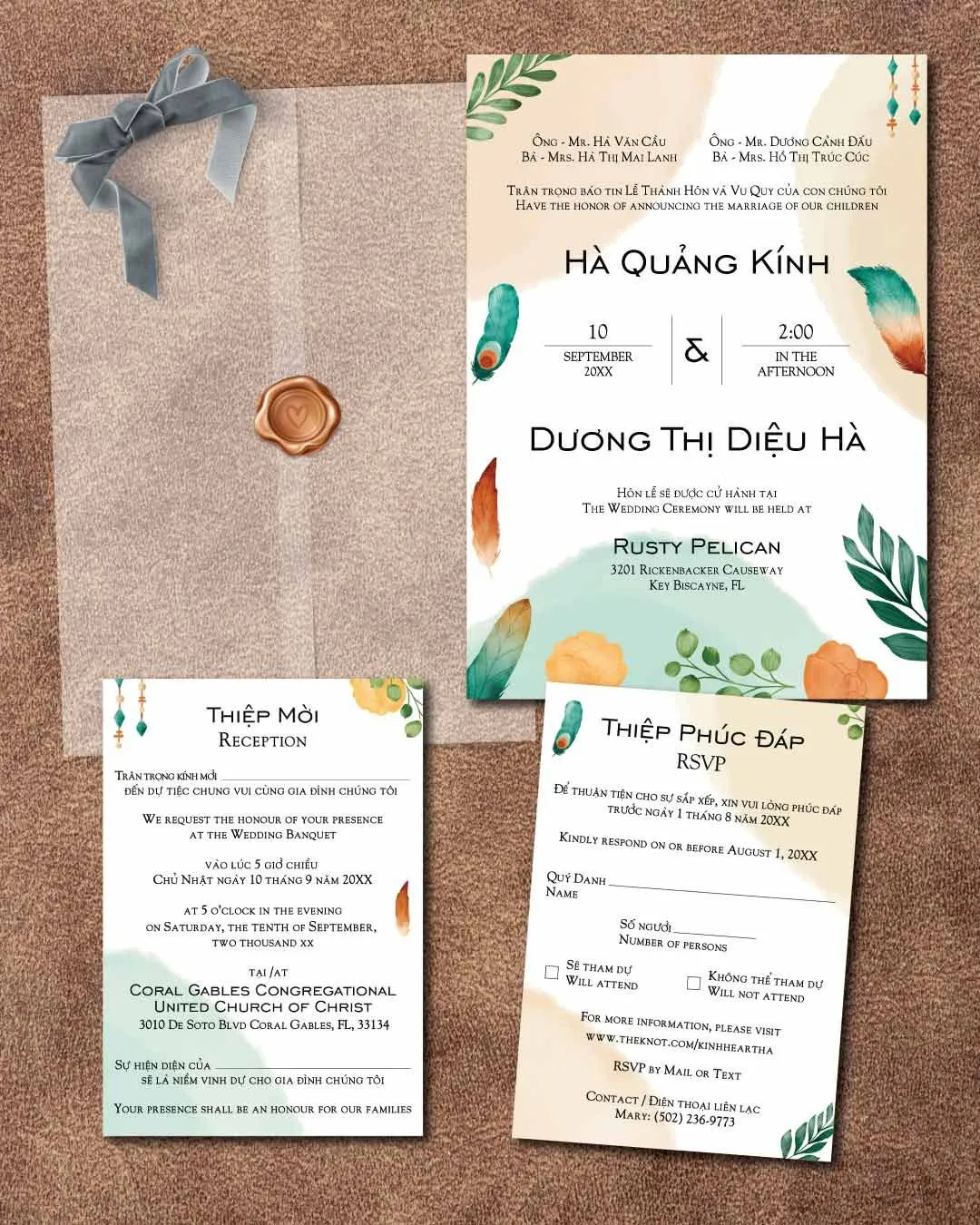 Boho with Feathers Vellum Wrapped Vietnamese & English Wedding Invitation