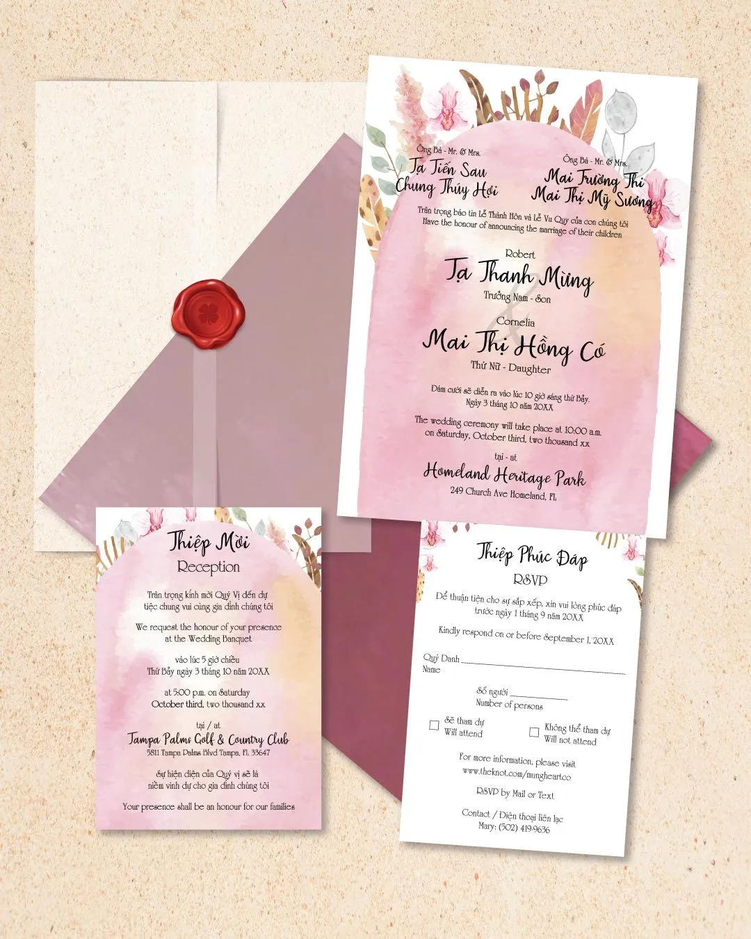 Boho Watercolor Design Vellum Wrapped Vietnamese & English Wedding Invitation 2