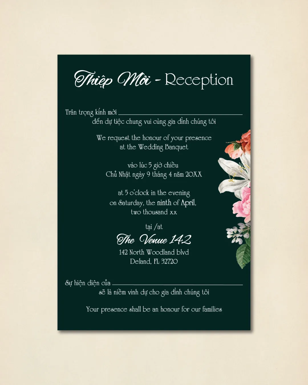 Floral Vintage Style Design Vellum Wrapped Vietnamese & English Wedding Invitation