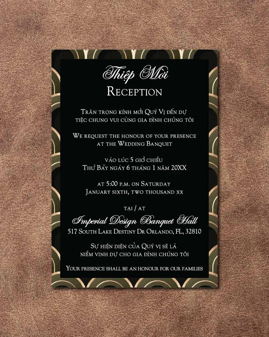 Golden Japanese Theme Vellum Wrapped Vietnamese & English Wedding Invitation