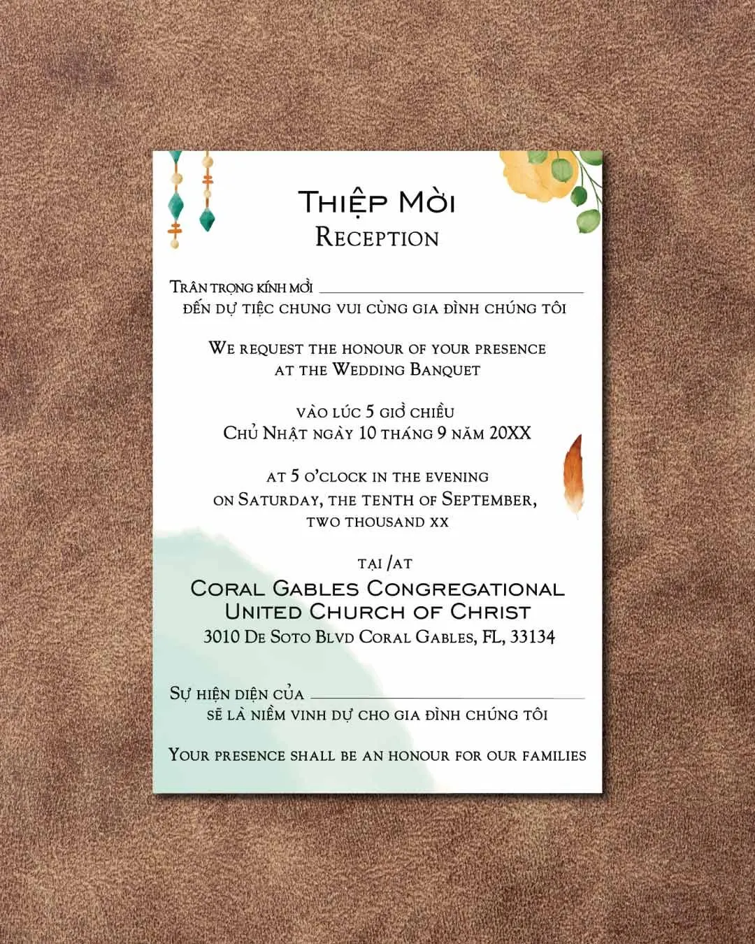 Boho with Feathers Vellum Wrapped Vietnamese & English Wedding Invitation