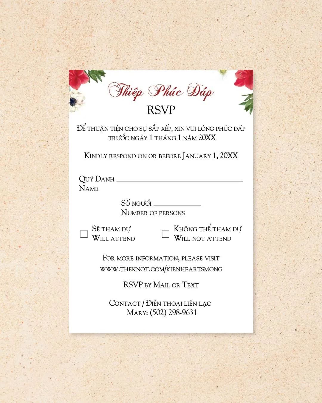 White and Red Flowers Vellum Wrapped Vietnamese & English Wedding Invitation 4