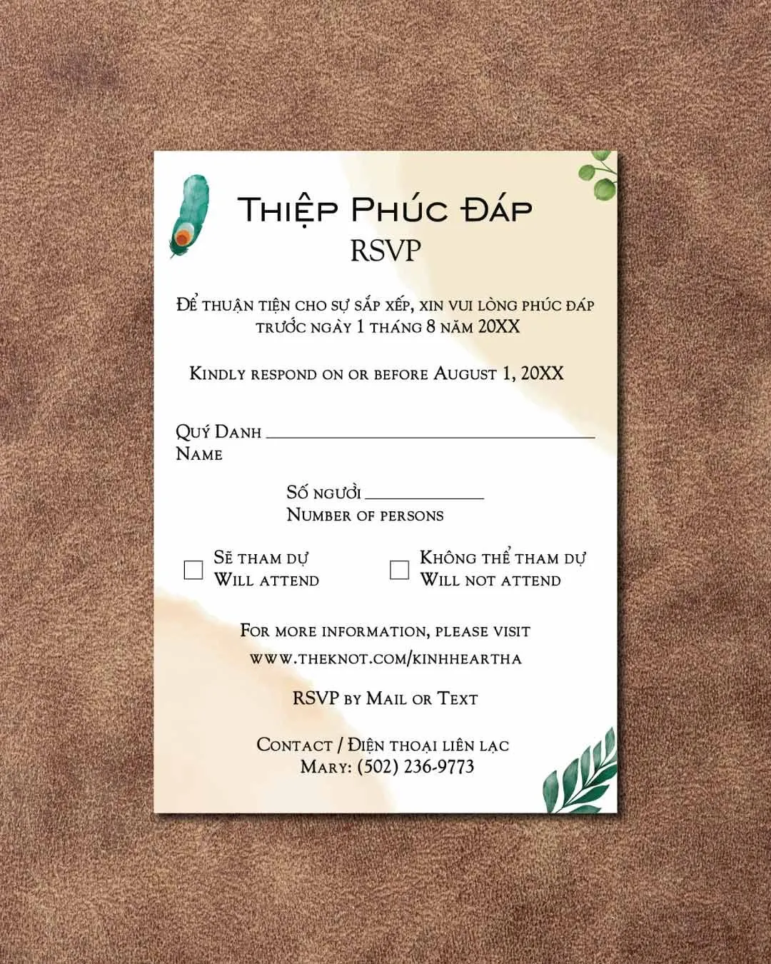 Boho with Feathers Vellum Wrapped Vietnamese & English Wedding Invitation