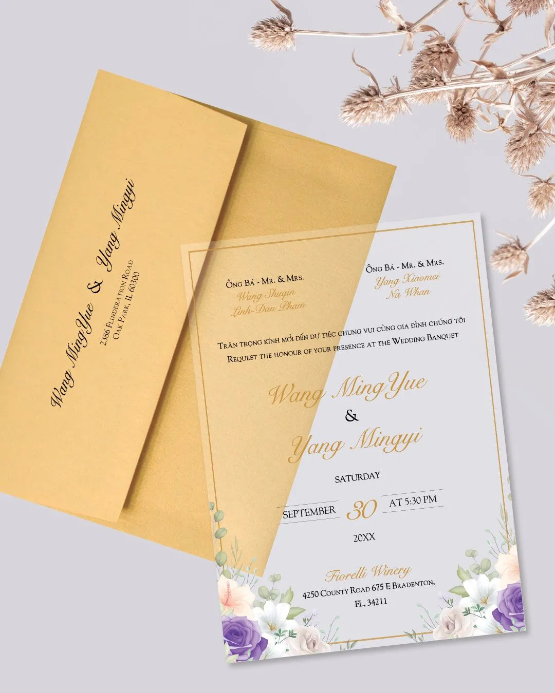 Frame Flowers Purple Acrylic Wedding Invitation