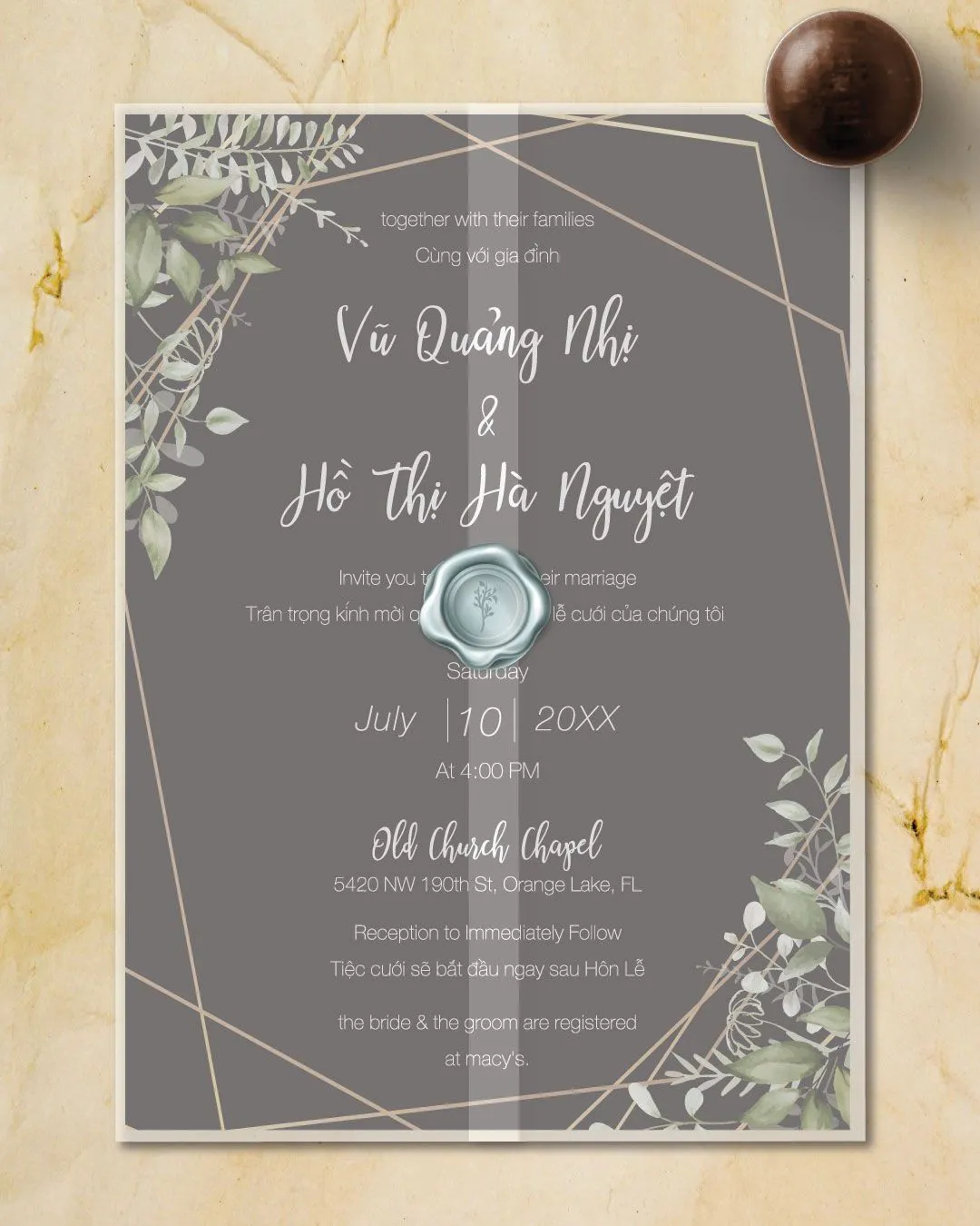 Leaves Gold Frames Vellum Wrapped Vietnamese & English Wedding Invitation