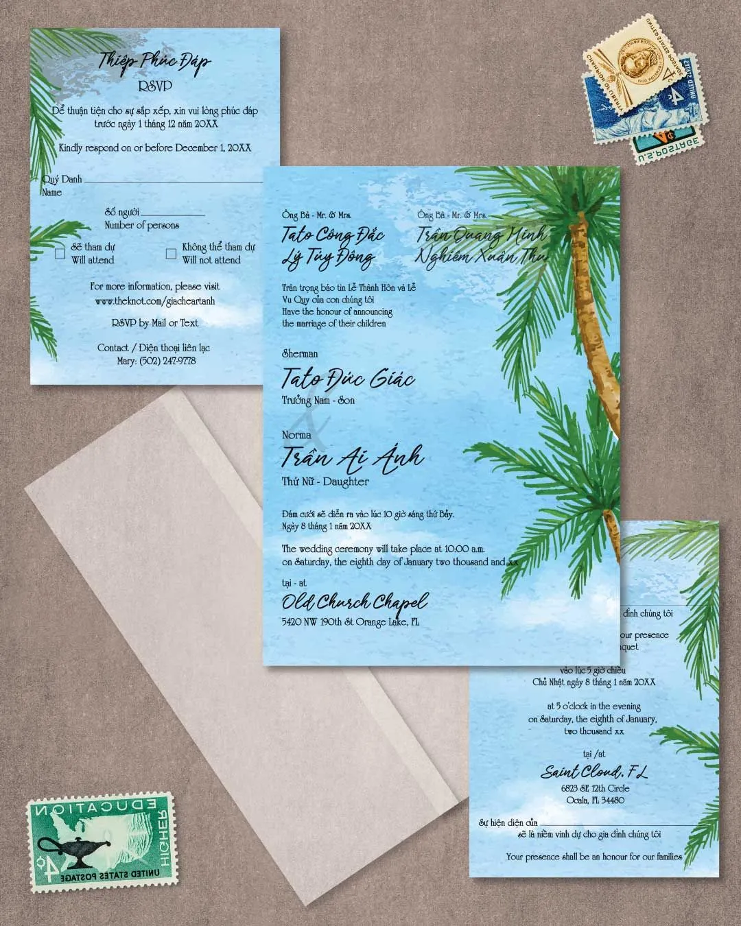 Watercolor Beach Design Vellum Wrapped Vietnamese & English Wedding Invitation