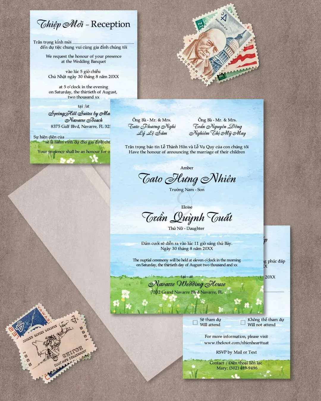 Ocean View Vellum Wrapped Vietnamese & English Wedding Invitation