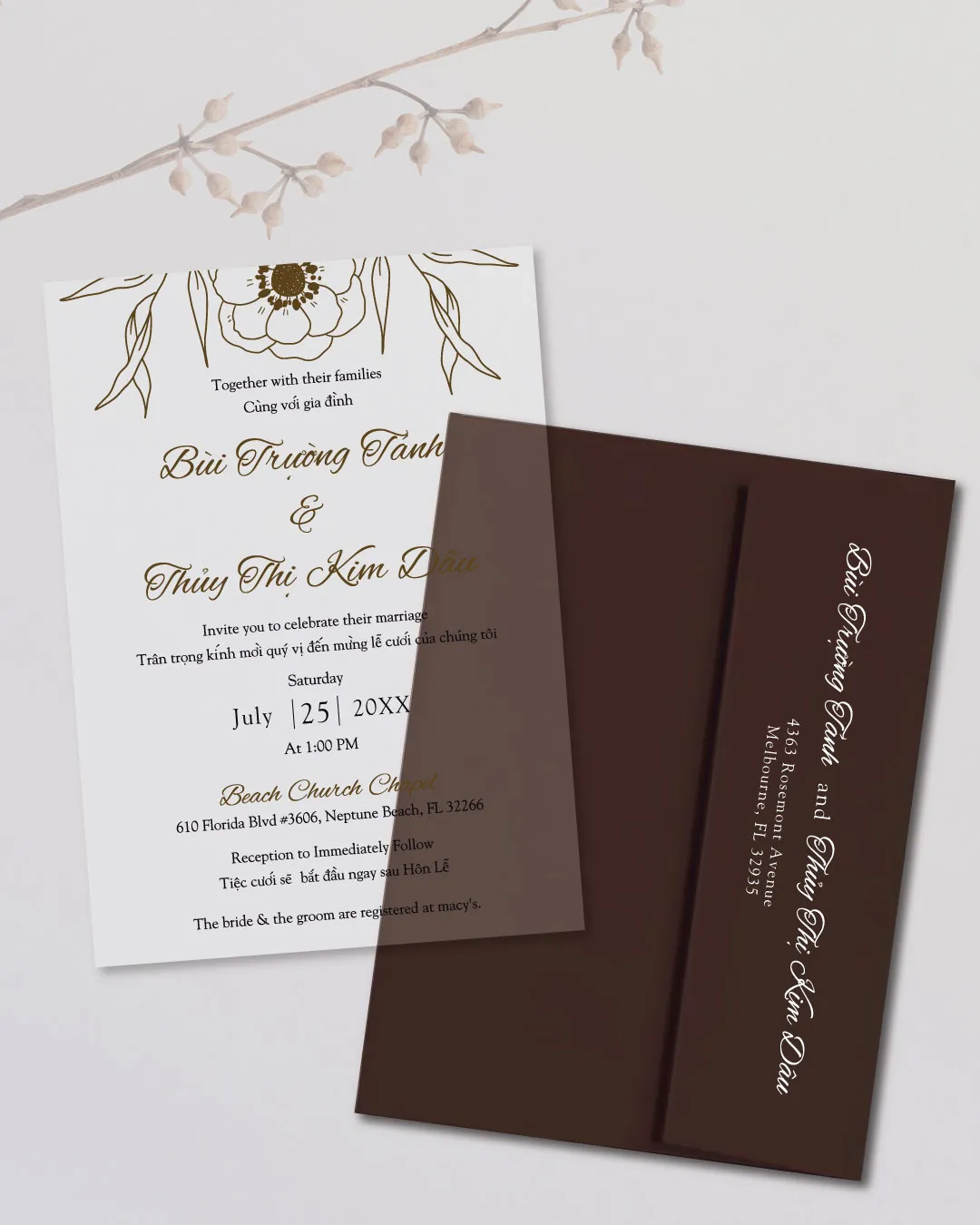 Large Flower In The Border Acrylic Wedding Invitation