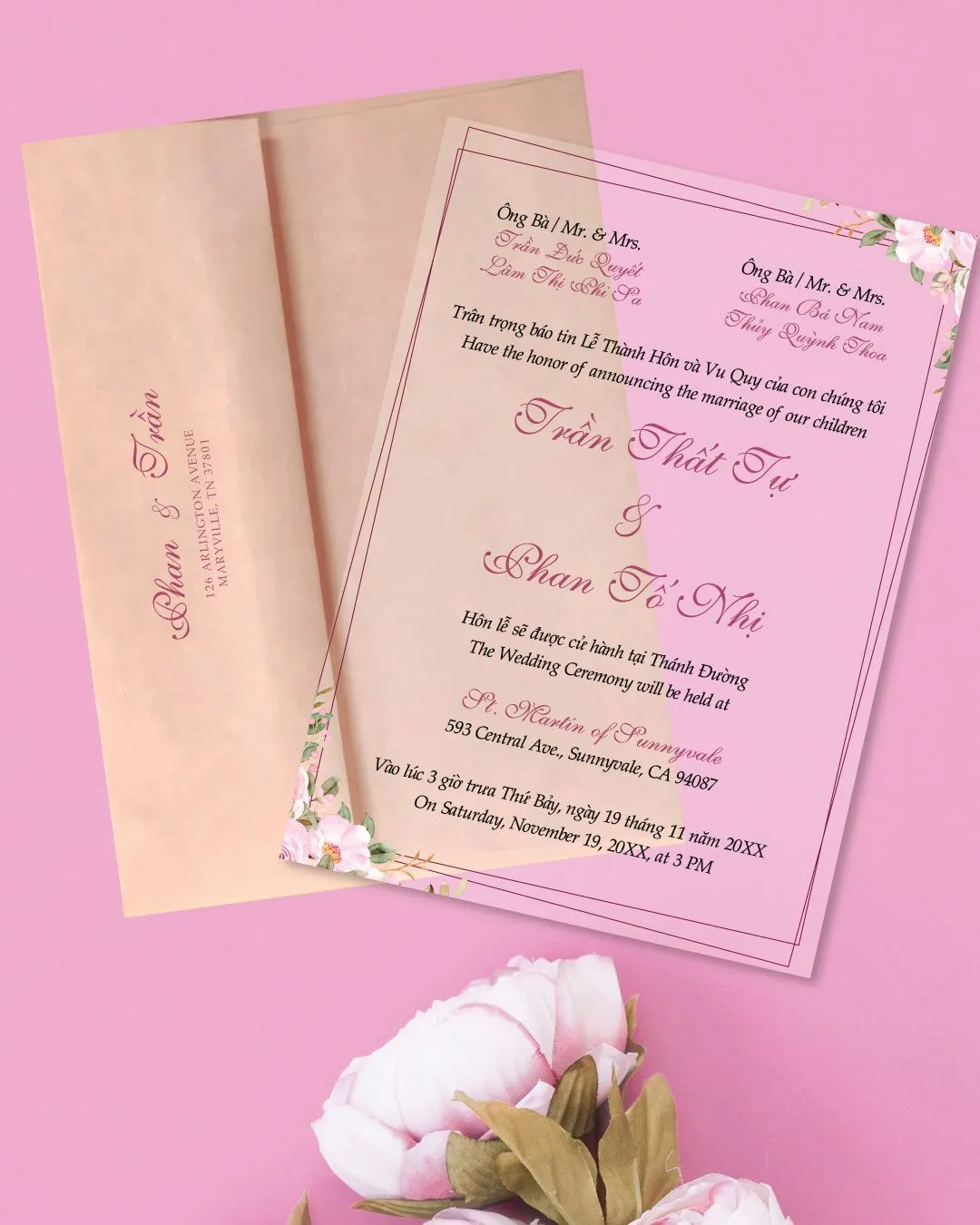 Frame Pink Flowers Acrylic Wedding Invitation