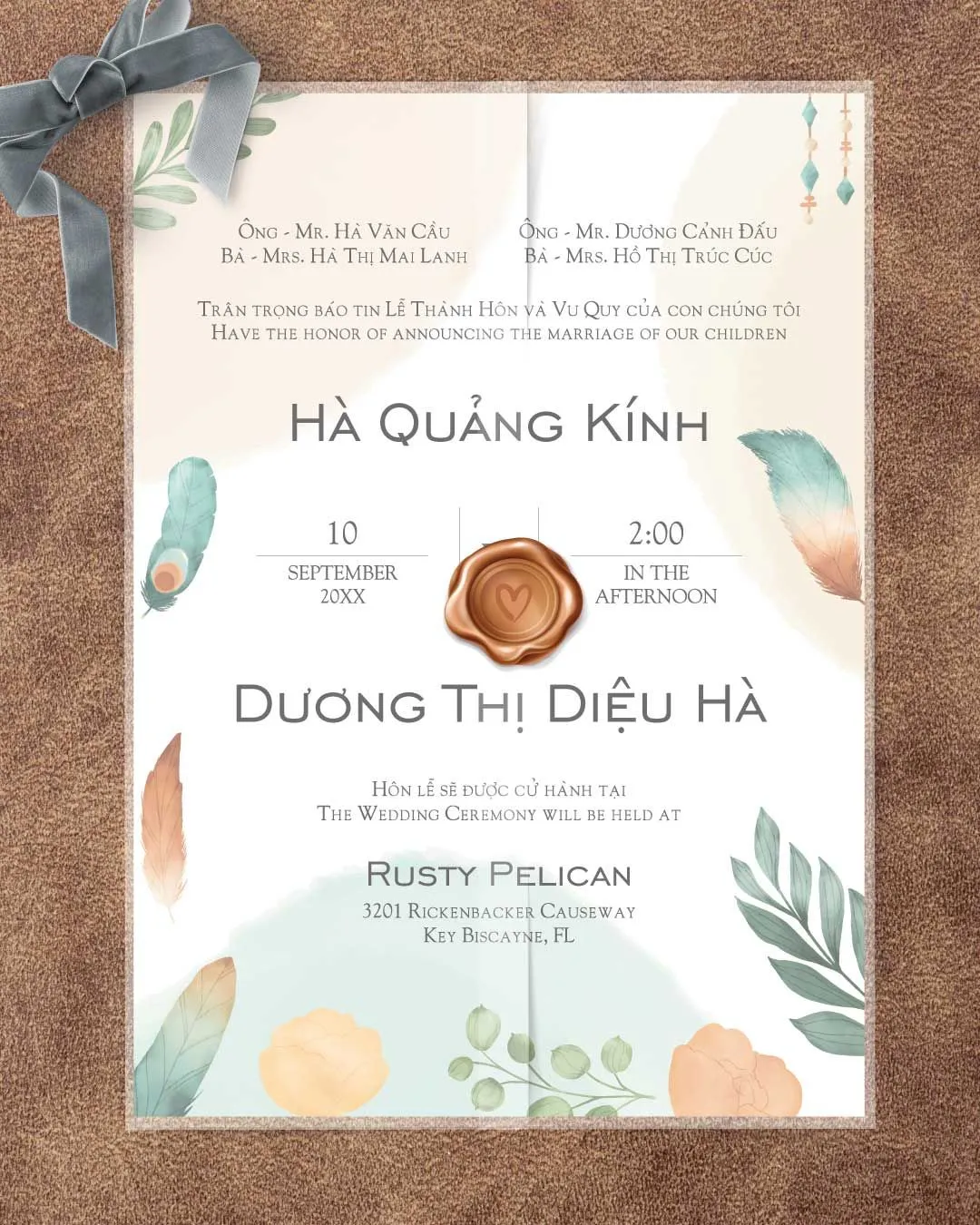 Boho with Feathers Vellum Wrapped Vietnamese & English Wedding Invitation