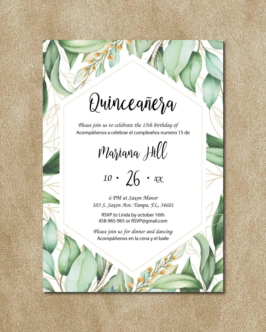 Pretty Leaves Quinceanera Invitation 1