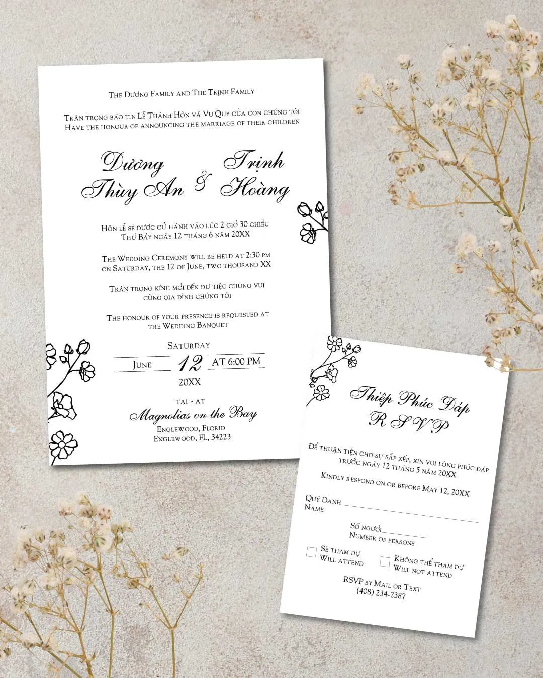 Floral Ink Elegance Simple Flat 5x7 Wedding Invitation 1