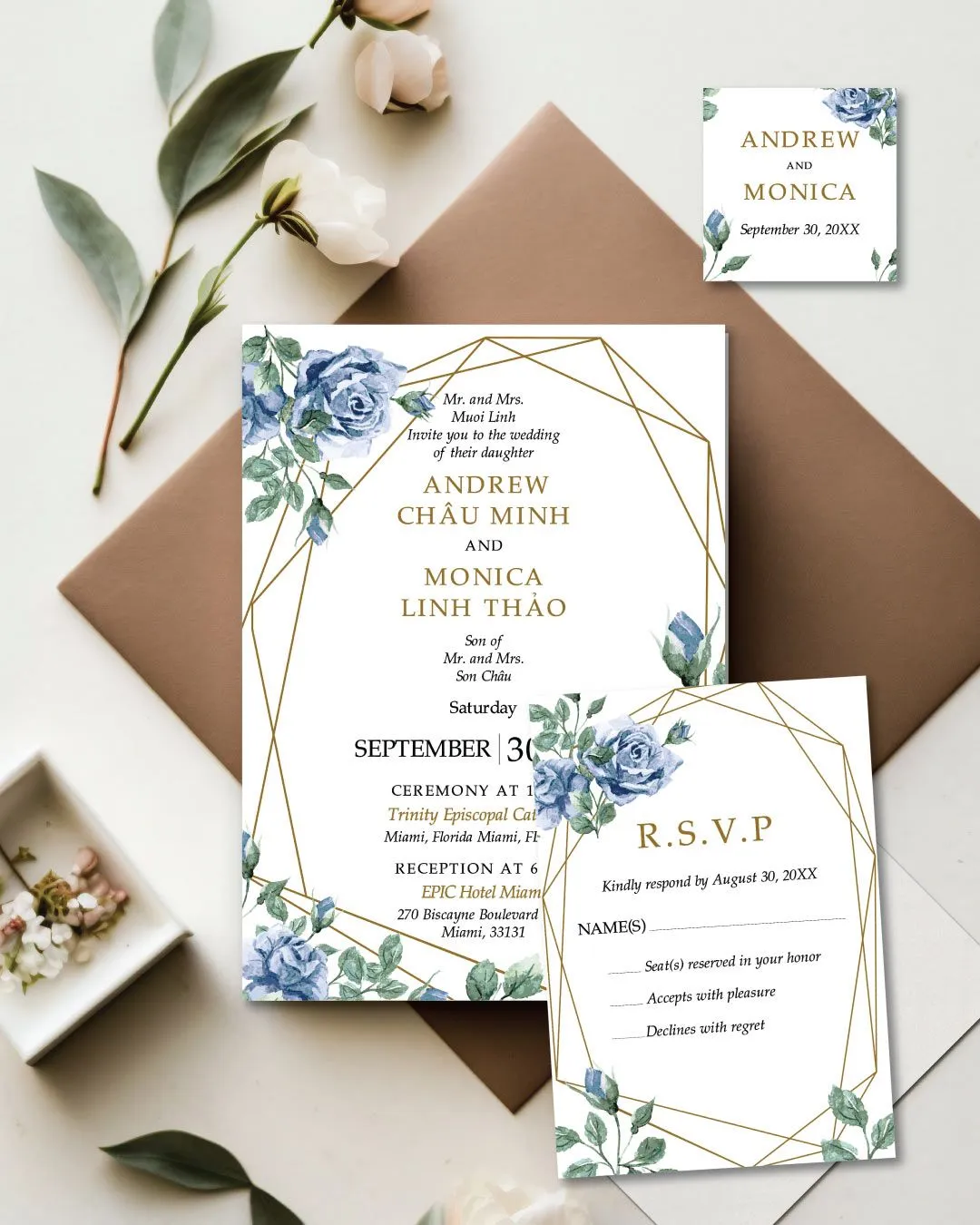 Elegant Navy Floral Simple Flat 5x7 Wedding Invitation 1